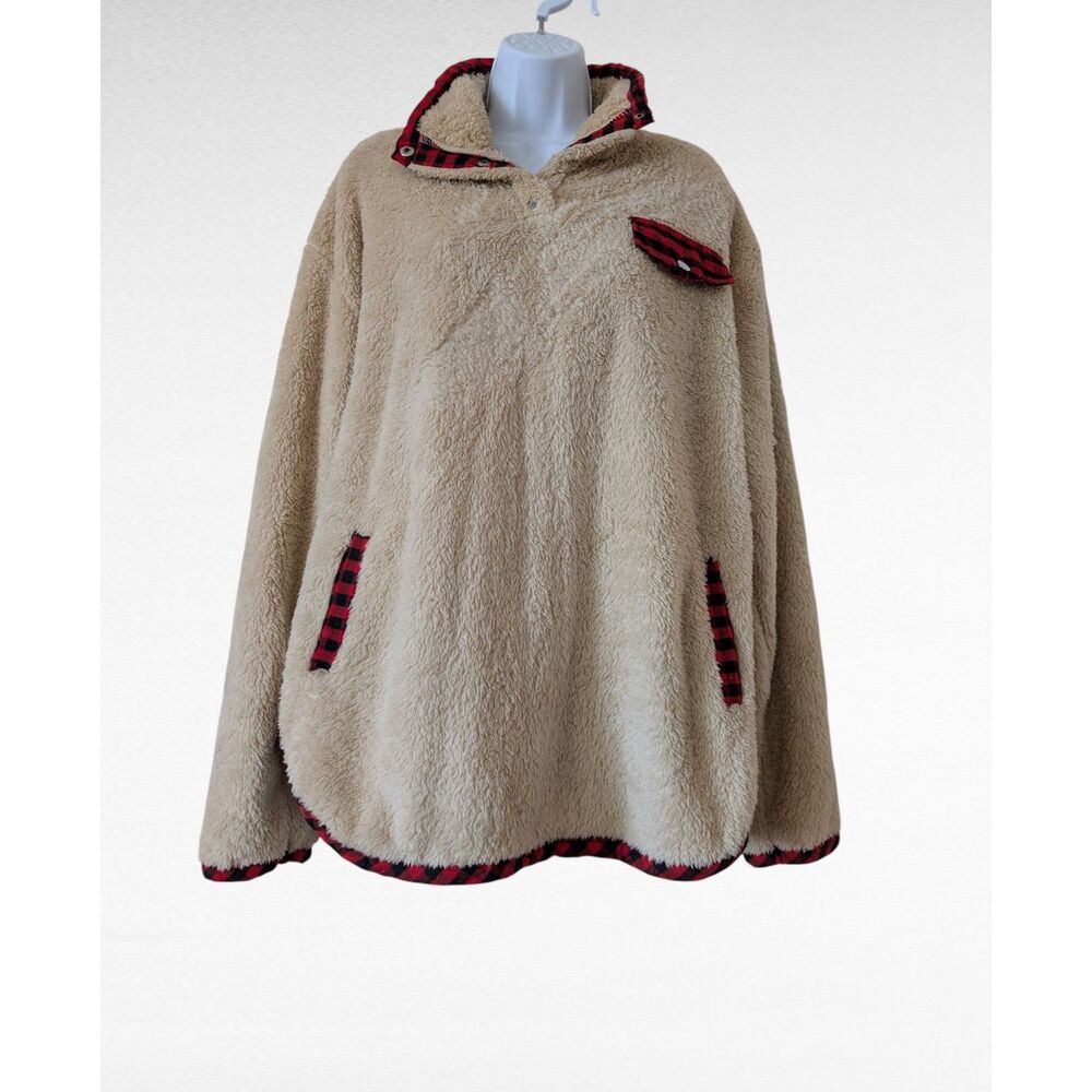 Cozy Sherpa Fleece Pullover Plaid Trim Quarter-Button Collar w/ Pockets - Picture 1 of 10